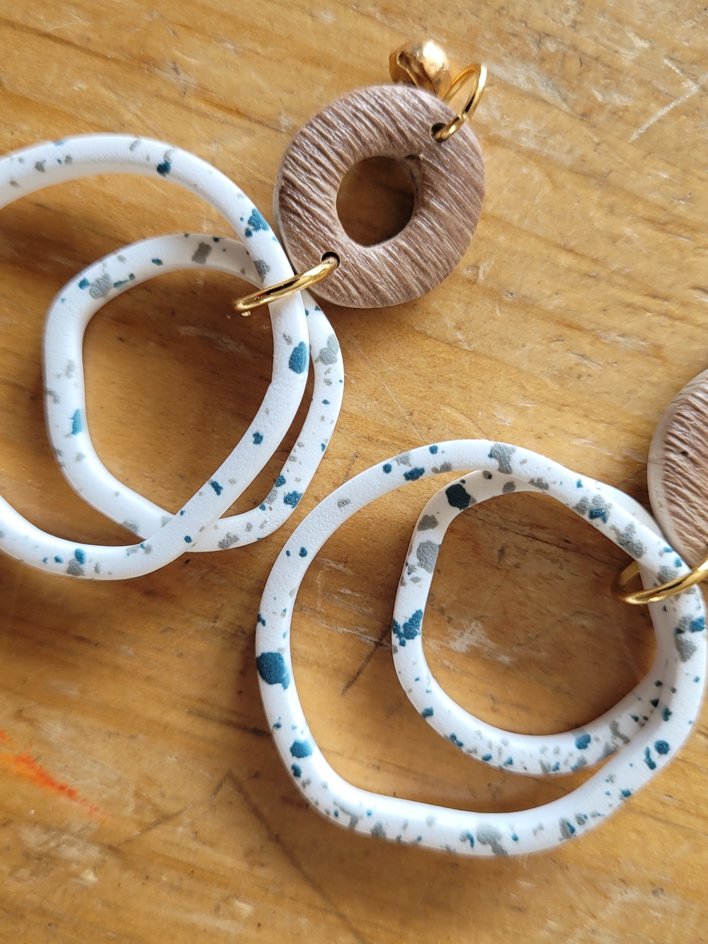 Handmade White Speckled Open Hoop Earrings with Wood Accent